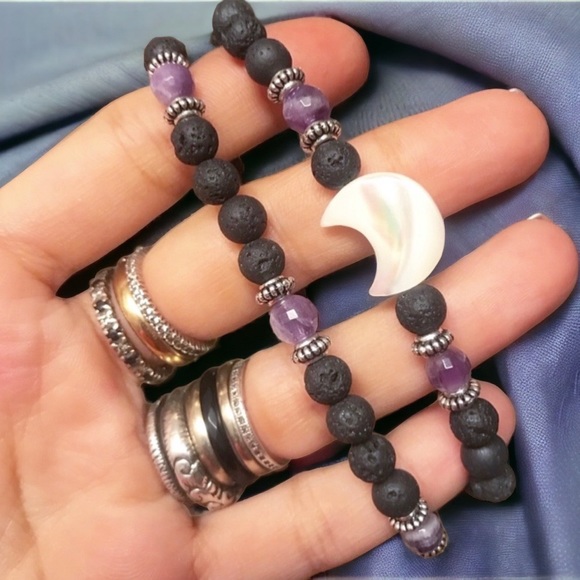 Silverskylight Jewelry - Amethyst moon bracelet . Lava rock genuine mother of pearl moon charm set
